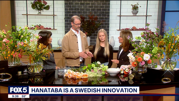 Hanataba Original team showcasing bouquet twister and kenzan rings on Good Day New York.