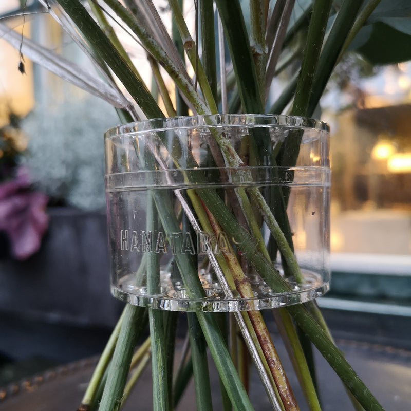 Primo piano di un porta stelo a spirale Hanataba trasparente che abbraccia un bouquet, con le luci della città sfocate sullo sfondo.