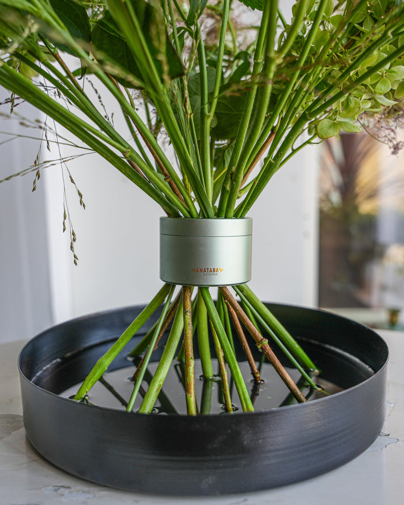 Steli di fiori disposti in un rigoglioso bouquet Ikebana su un vassoio floreale nero riempito d'acqua.