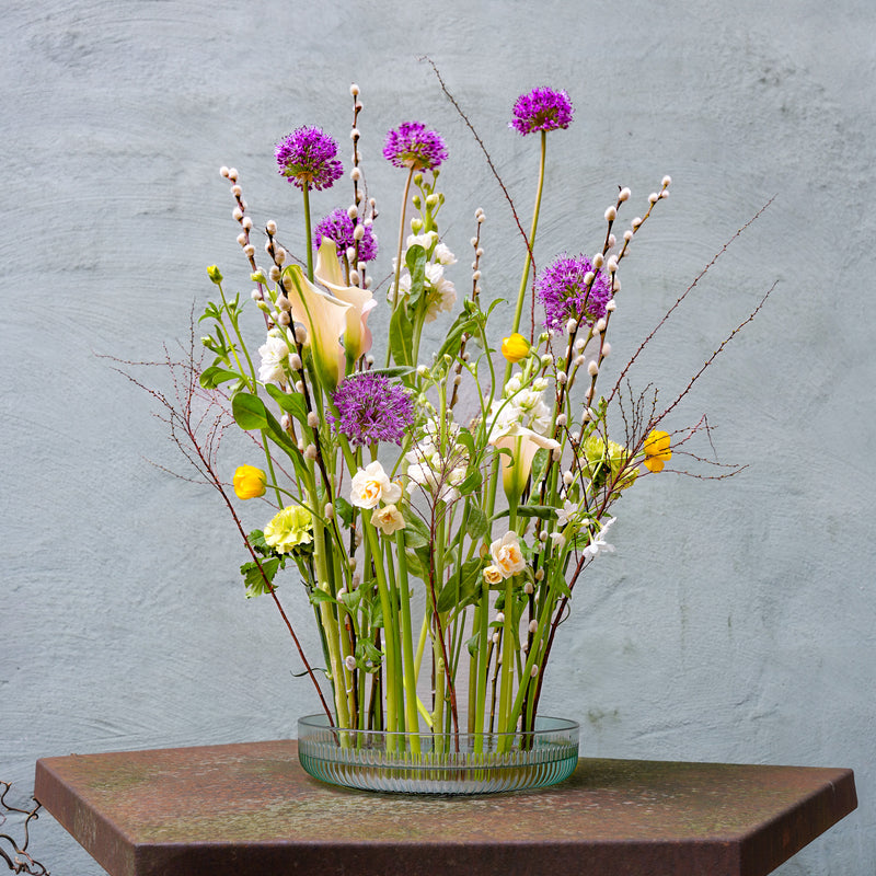 Una composizione ikebana variegata con allium, calle e salice, ancorata da un anello Kenzan Fakir da 200 mm, su uno sfondo grigio strutturato.