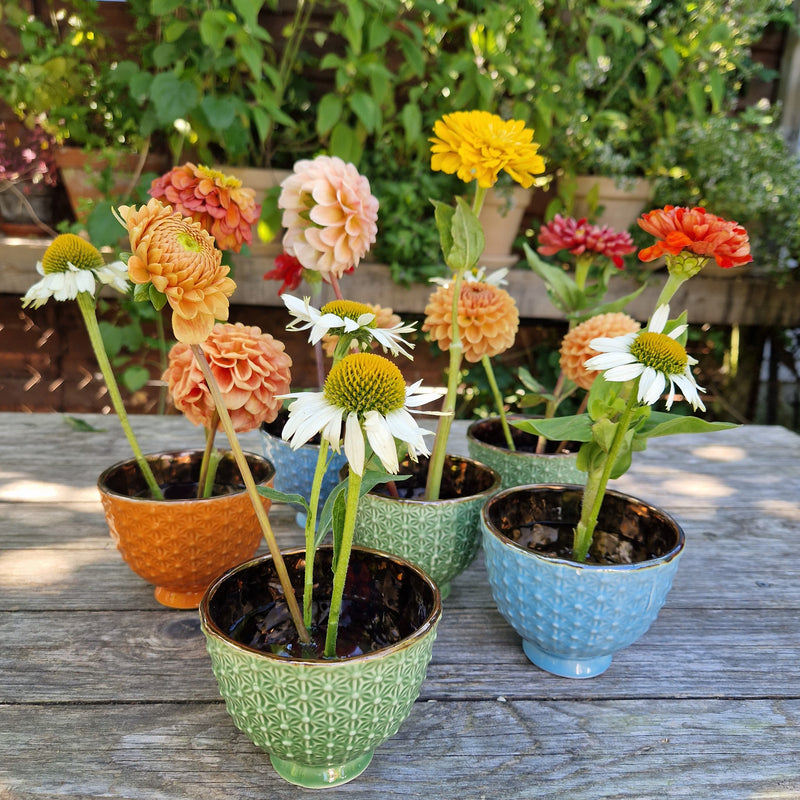 Diverse dalie e fiori di echinacea in vasi di ceramica strutturata, ciascuno ancorato con un anello Kenzan di 34 mm.